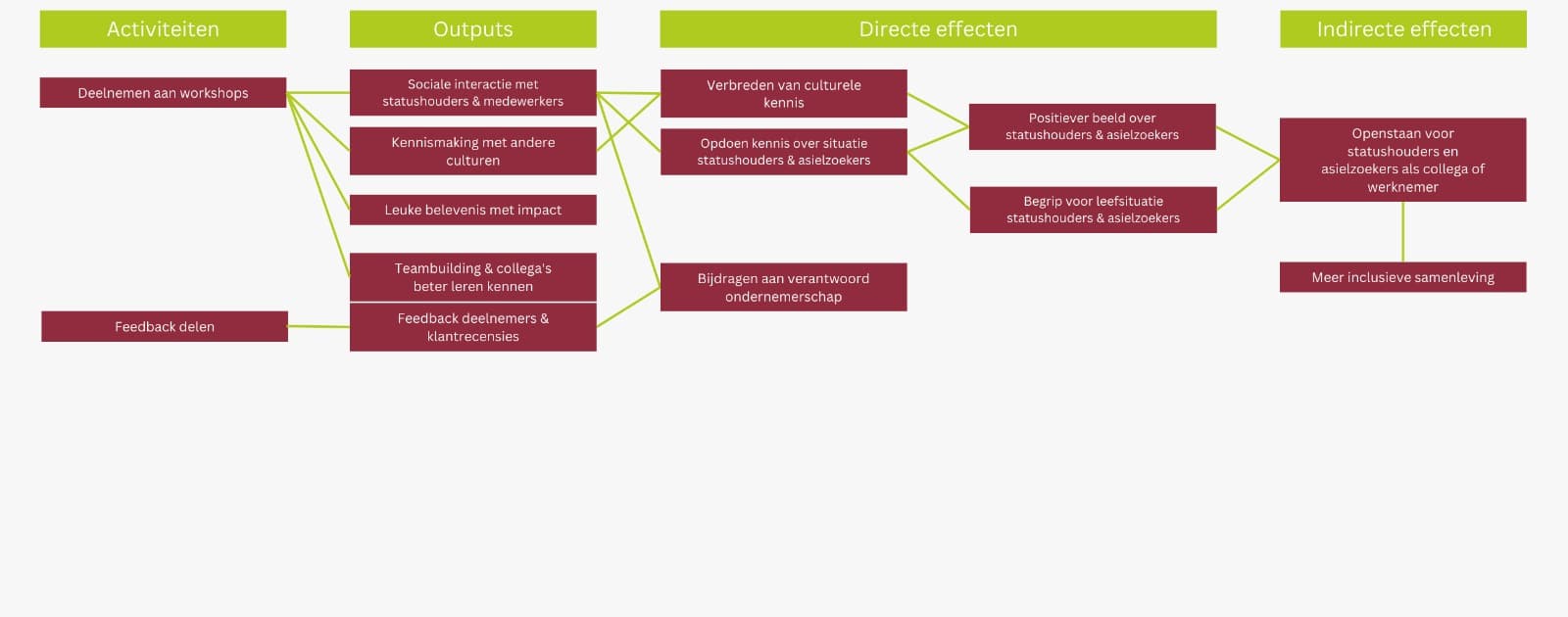Theory of Change klant/deelnemer - diagram met activiteiten, outputs, directe effecten en indirecte effecten