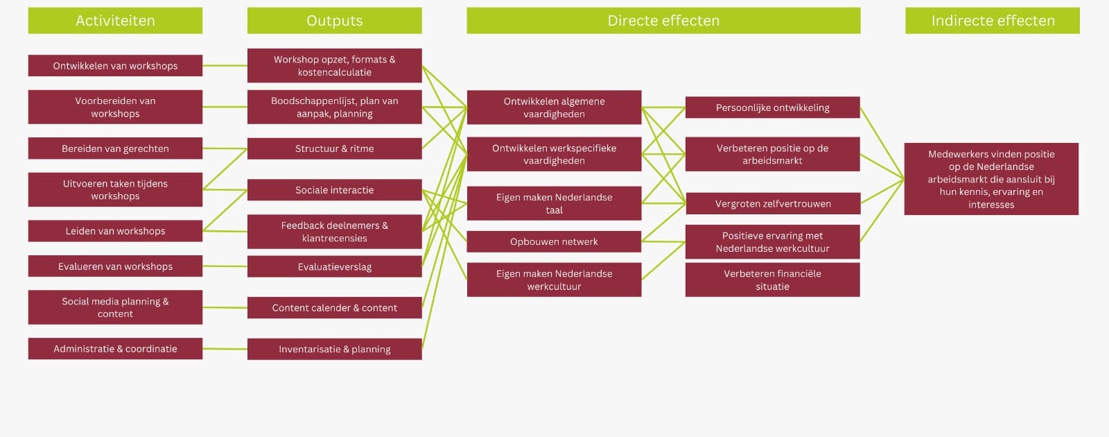Theory of Change medewerker - diagram met activiteiten, outputs, directe effecten en indirecte effecten